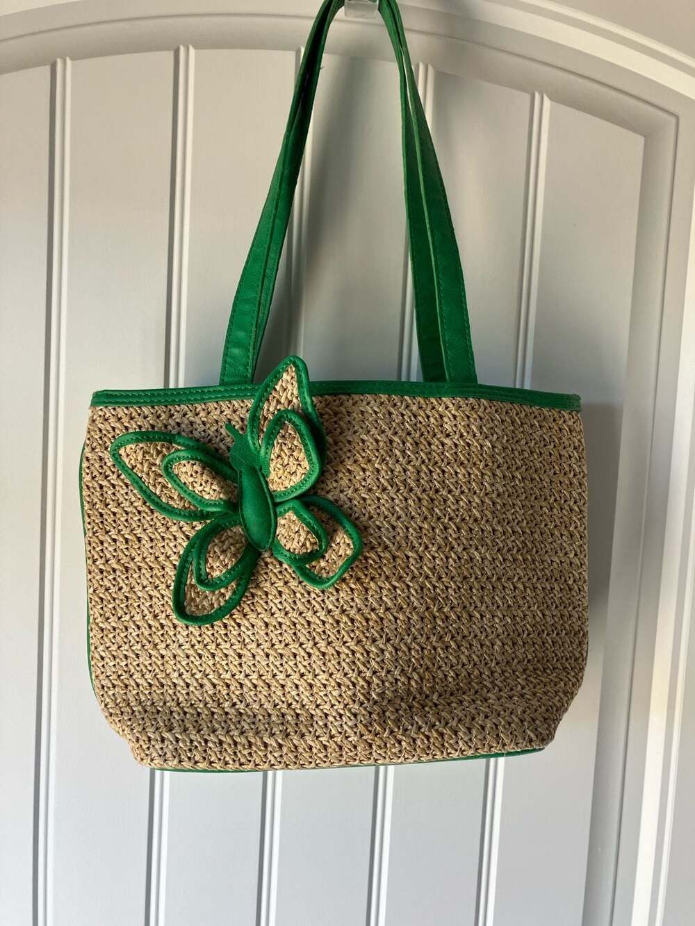 Bueno Woven Straw Butterfly Tote Bag with Green Trim and Polka Dot Lining